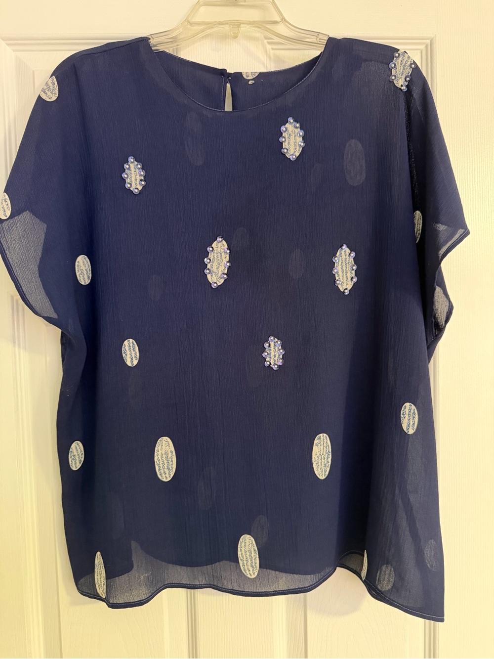 Navy Short-Sleeve Beaded Overlay Blouse